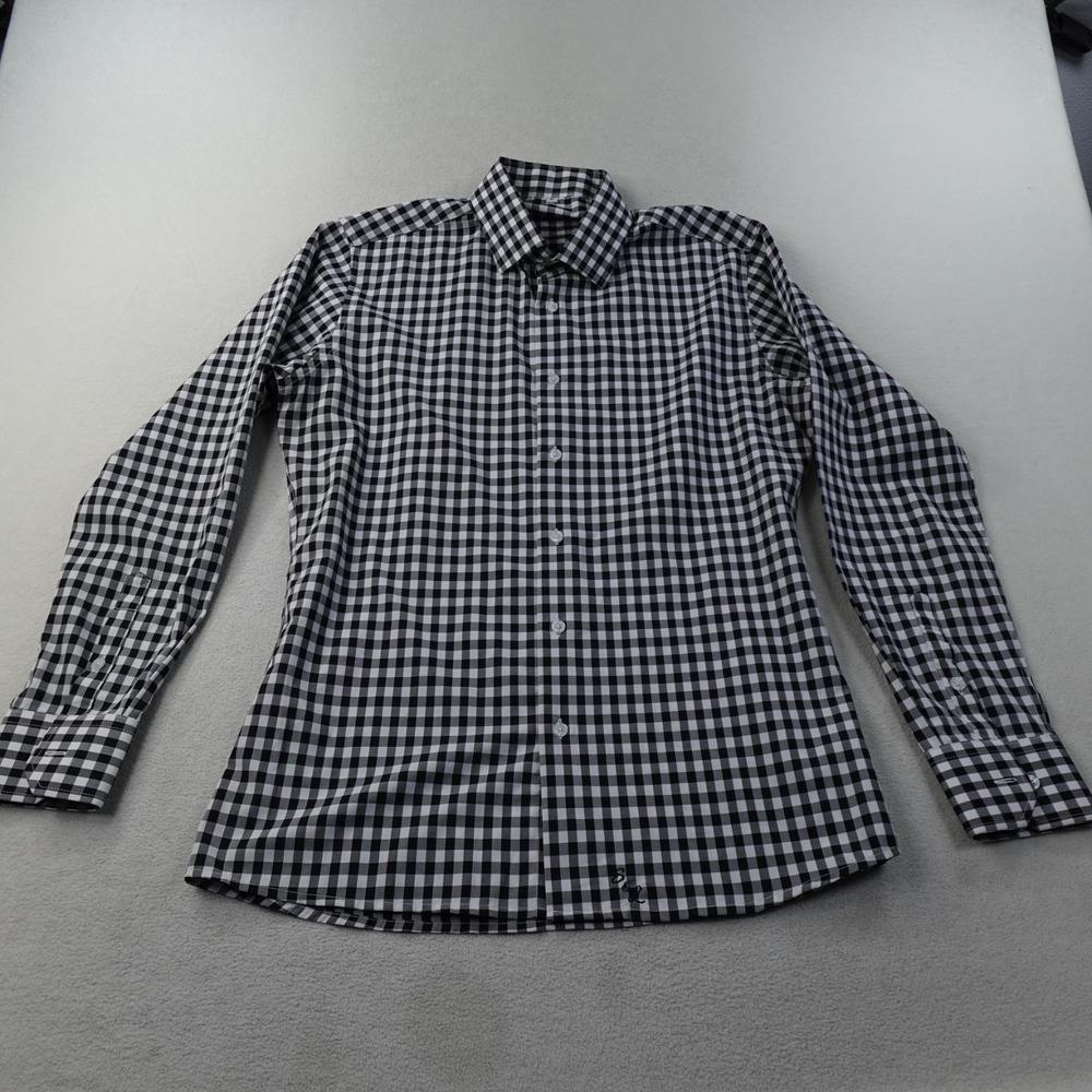 State & Liberty Button Up Shirt Mens Medium Black White Gingham Stretch Athletic